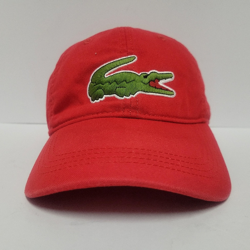 Lacoste Hat Cap Twill Strap Back Red BIG Croc Logo Crocodile Tennis Golf Preppy